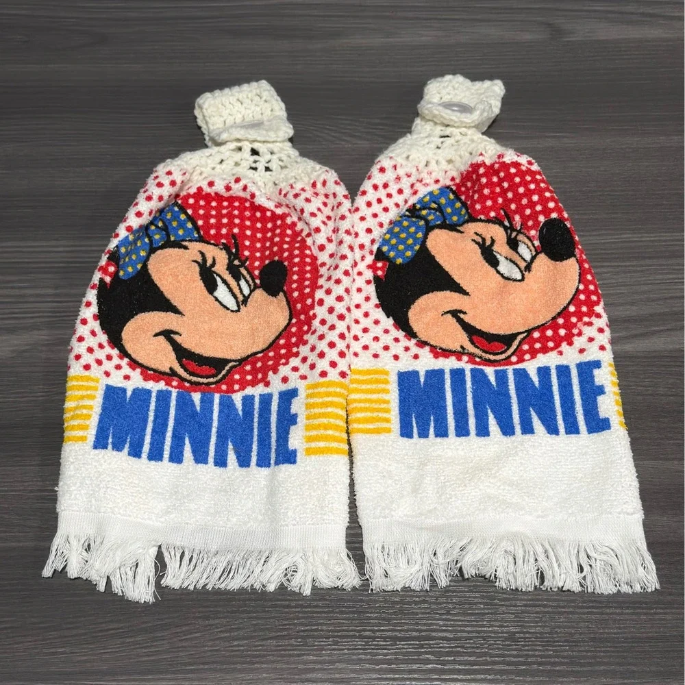 Vintage Minnie Mouse Hanging Kitchen Towels Set 2 Cannon Crochet Top Red White